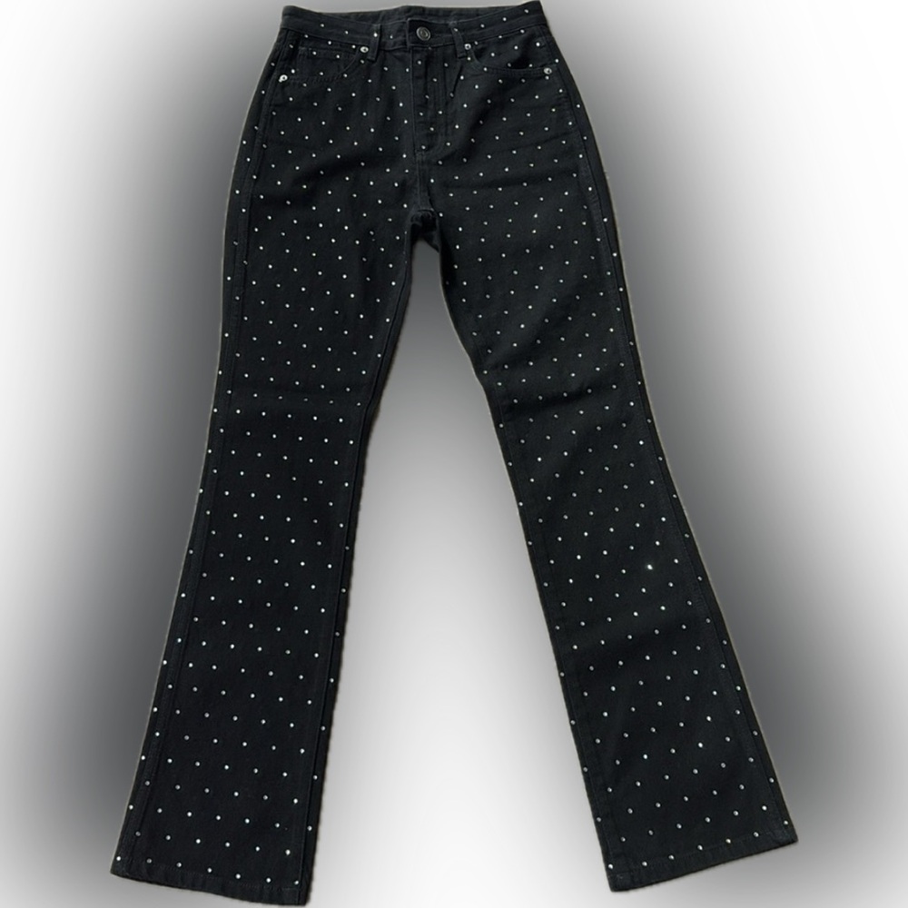 Gianni Bini $119 Black Ivy Rhinestone Straight Leg High Waisted Denim Jeans 27 - Picture 2 of 15